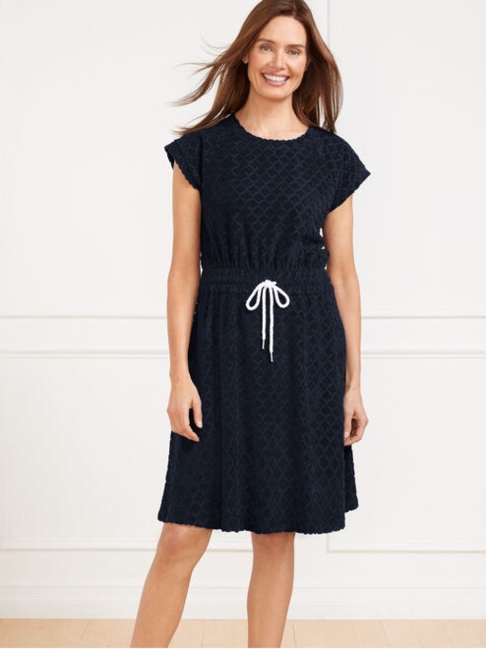 Size L
T by Talbots 
Nautical navy blue Towel Terry T-Shirt Dress